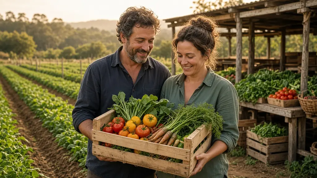 Two farmers holding a crate of fresh tomatoes, greens and carrots beside a farm stand.