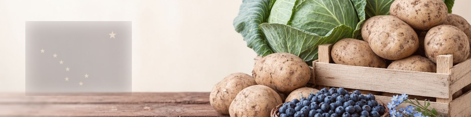 Faded Alaska flag beside potatoes, cabbage and blueberries on a farm stand with forget-me-nots, the state flower.