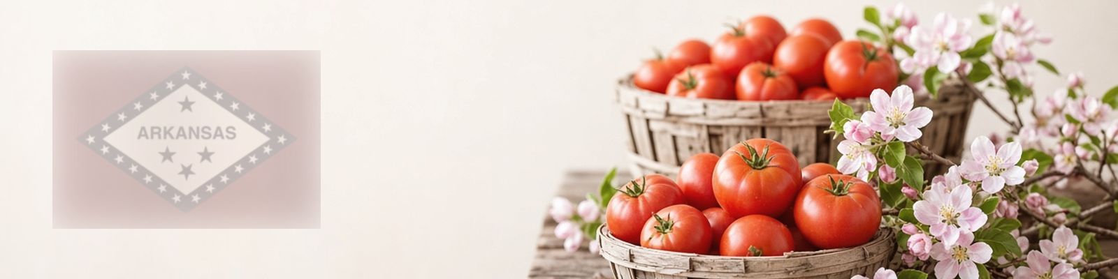 Faded Arkansas flag beside tomatoes on a farm stand with apple blossoms, the state flower.