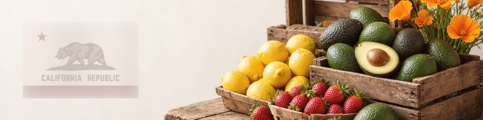 Faded California flag beside avocados, lemons and strawberries on a farm stand with poppies, the state flower.