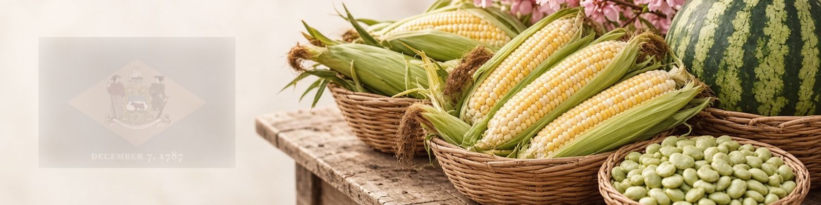 Faded Delaware flag beside sweet corn, lima beans and watermelon on a farm stand with peach blossoms, the state flower.