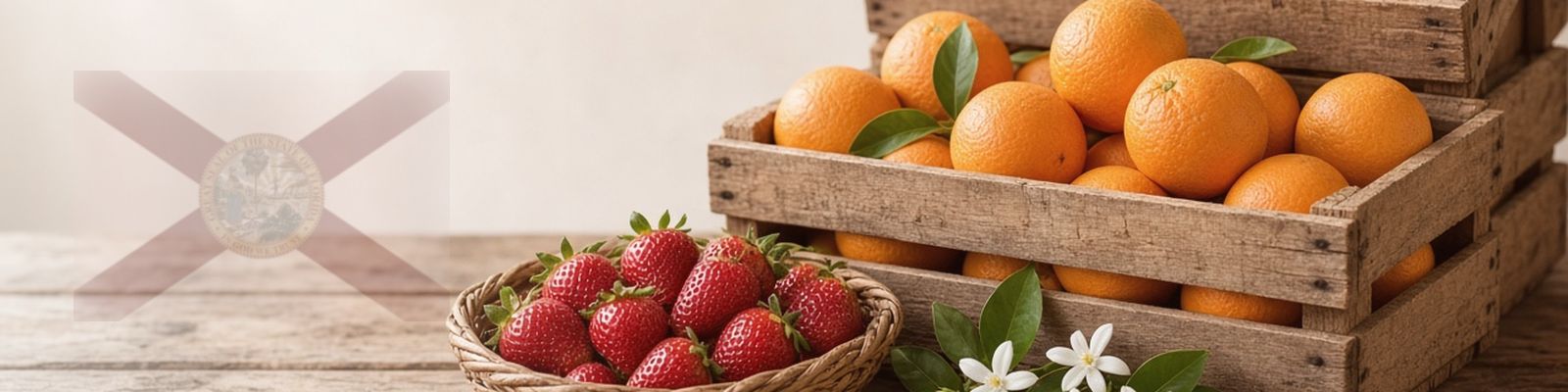 Faded Florida flag beside oranges and strawberries on a farm stand with orange blossoms, the state flower.