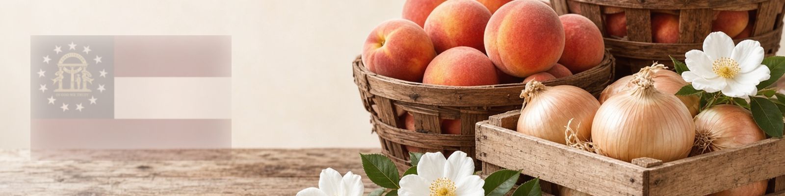 Faded Georgia flag beside peaches and Vidalia onions on a farm stand with Cherokee roses, the state flower.