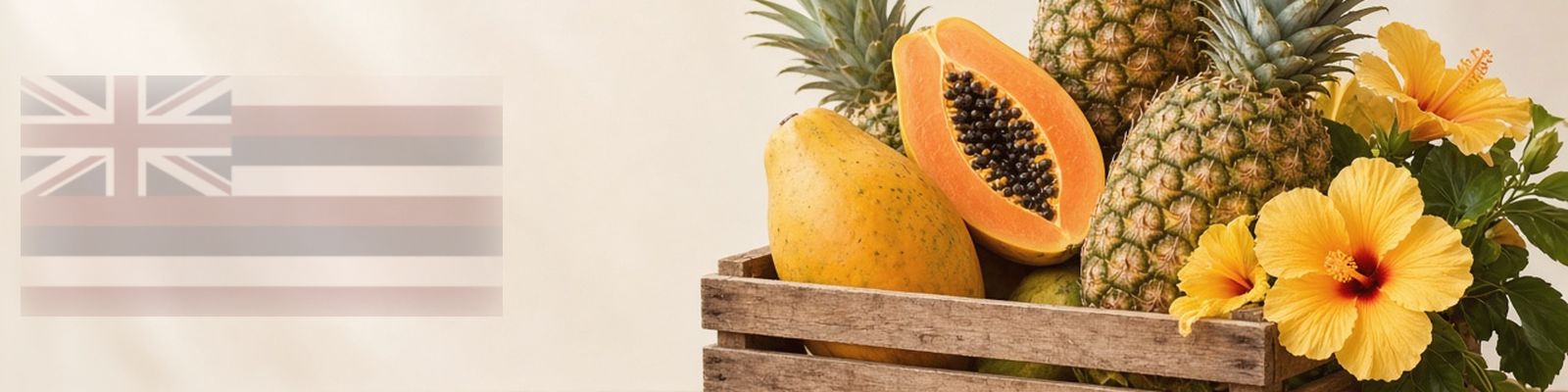 Faded Hawaii flag beside pineapples and papayas on a farm stand with yellow hibiscus, the state flower.