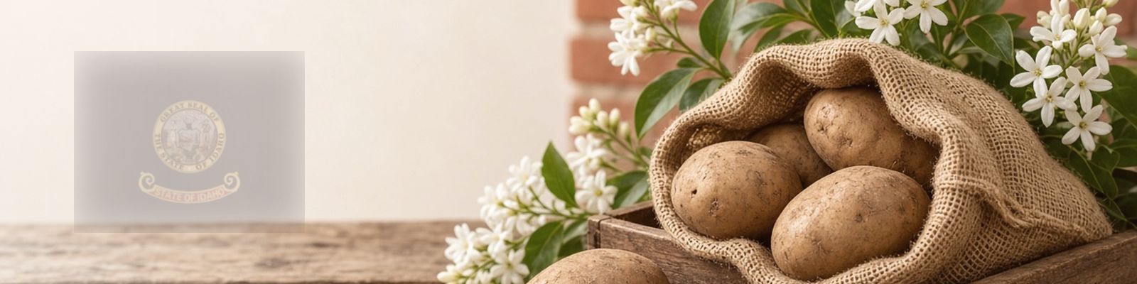 Faded Idaho flag beside russet potatoes on a farm stand with syringa blossoms, the state flower.
