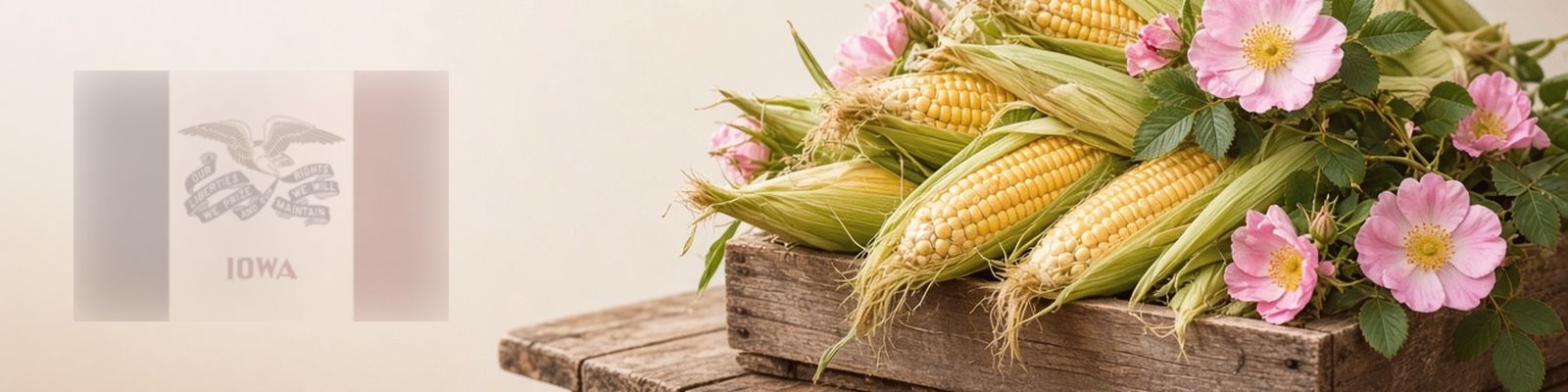 Faded Iowa flag beside sweet corn on a farm stand with wild prairie roses, the state flower.