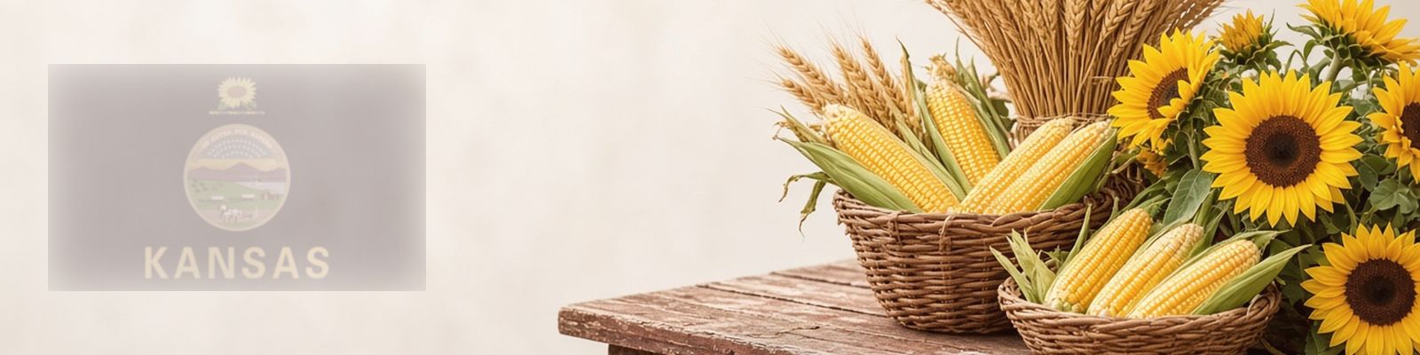 Faded Kansas flag beside wheat and sweet corn on a farm stand with sunflowers, the state flower.