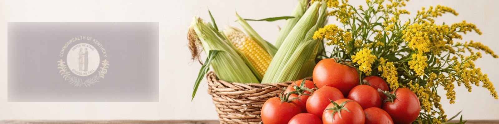 Faded Kentucky flag beside tomatoes and sweet corn on a farm stand with goldenrod, the state flower.