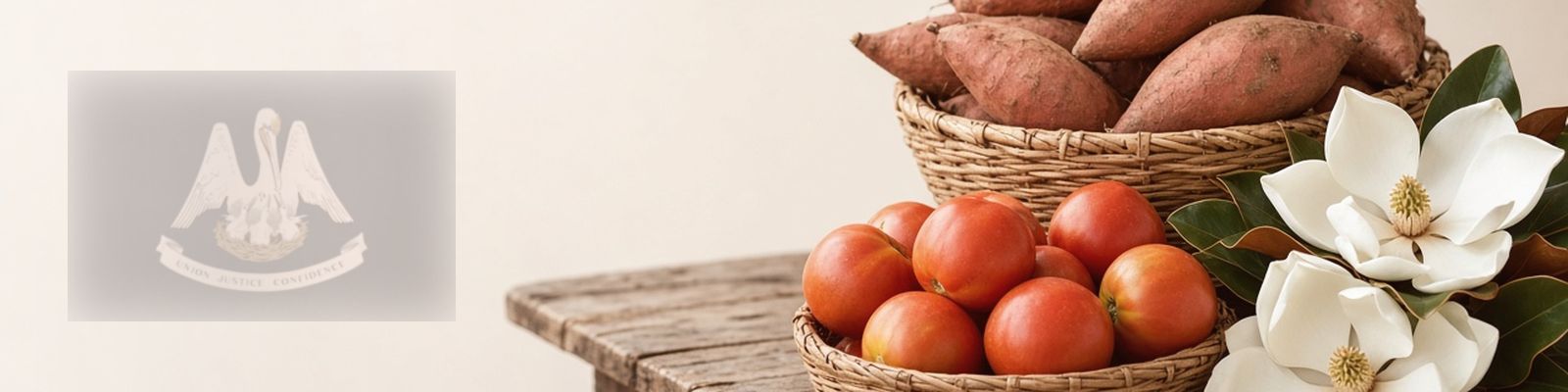 Faded Louisiana flag beside sweet potatoes and Creole tomatoes on a farm stand with magnolias, the state flower.