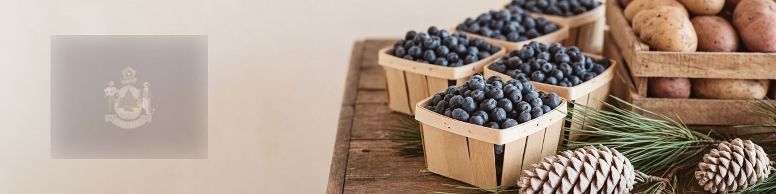 Faded Maine flag beside blueberries and potatoes on a farm stand with white pine cones, the state floral emblem.