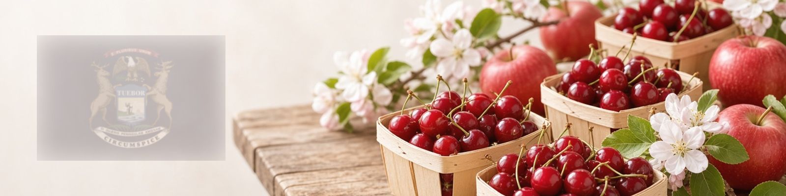 Faded Michigan flag beside cherries and apples on a farm stand with apple blossoms, the state flower.