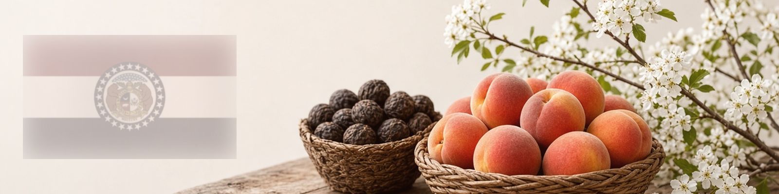 Faded Missouri flag beside peaches and black walnuts on a farm stand with hawthorn blossoms, the state flower.