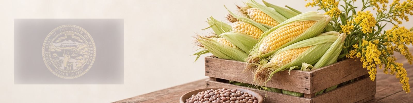 Faded Nebraska flag beside sweet corn and beans on a farm stand with goldenrod, the state flower.