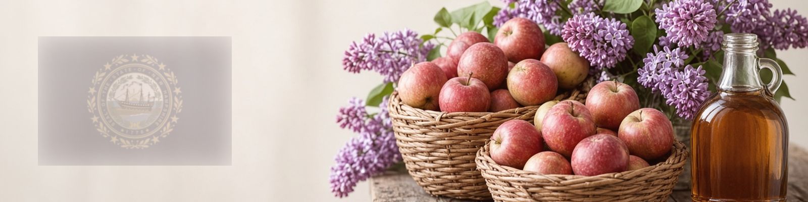Faded New Hampshire flag beside apples and maple syrup on a farm stand with purple lilacs, the state flower.