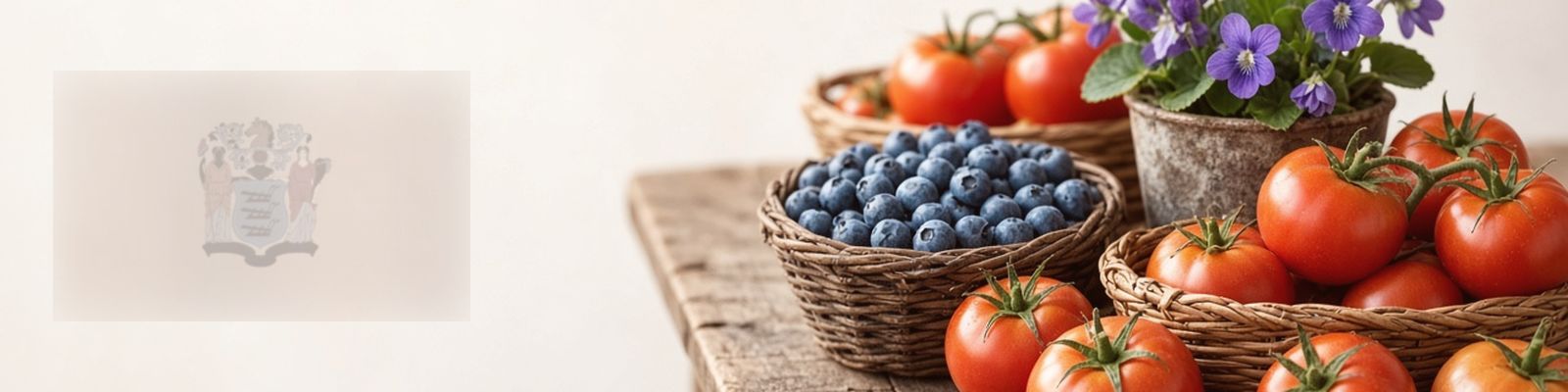 Faded New Jersey flag beside Jersey tomatoes and blueberries on a farm stand with violets, the state flower.