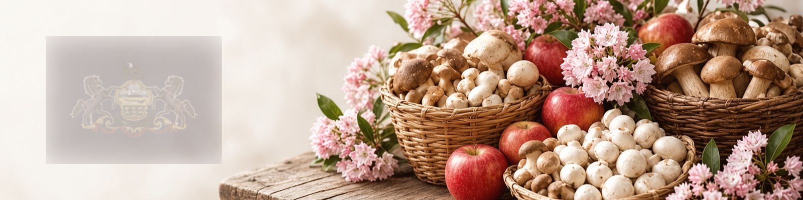Faded Pennsylvania flag beside mushrooms and apples on a farm stand with mountain laurel, the state flower.