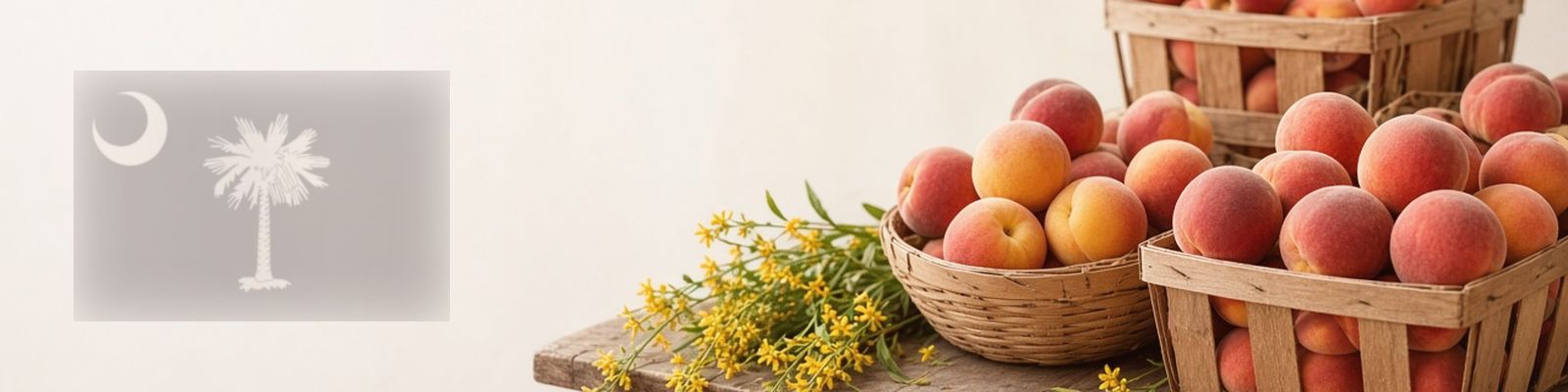 Faded South Carolina flag beside peaches on a farm stand with yellow jessamine, the state flower.