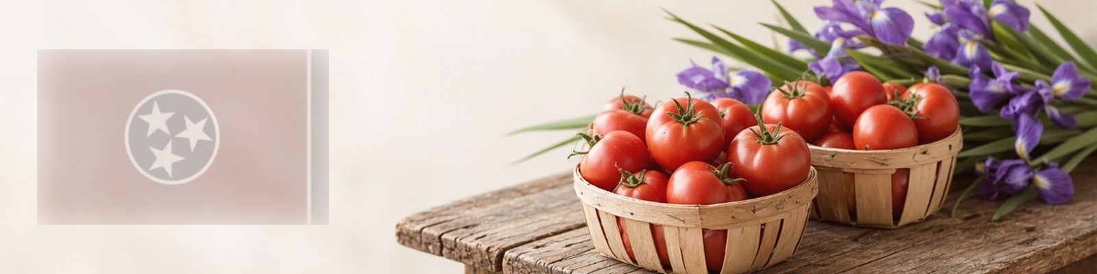Faded Tennessee flag beside tomatoes on a farm stand with irises, the state flower.