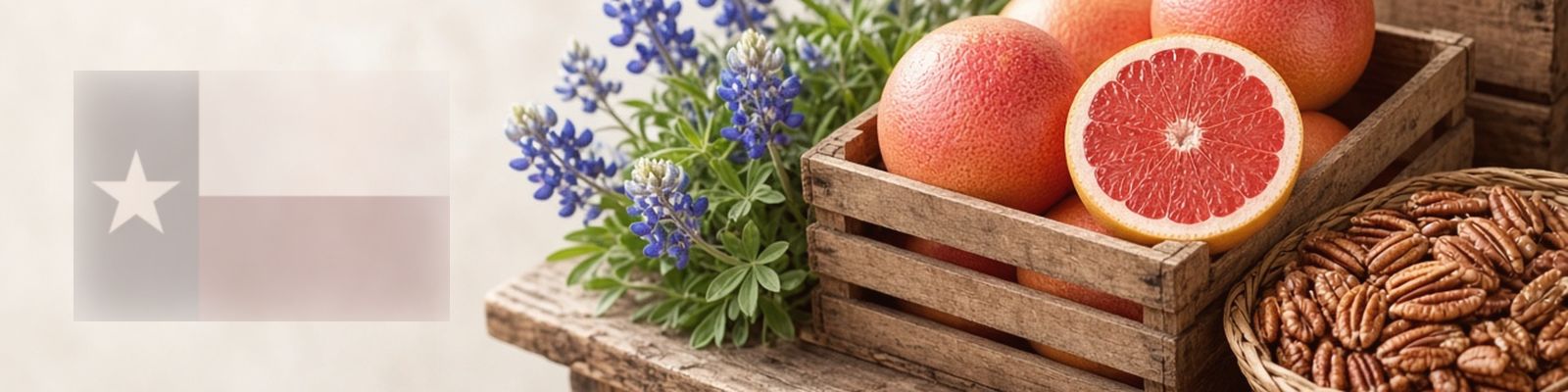 Faded Texas flag beside Ruby Red grapefruit and pecans on a farm stand with bluebonnets, the state flower.