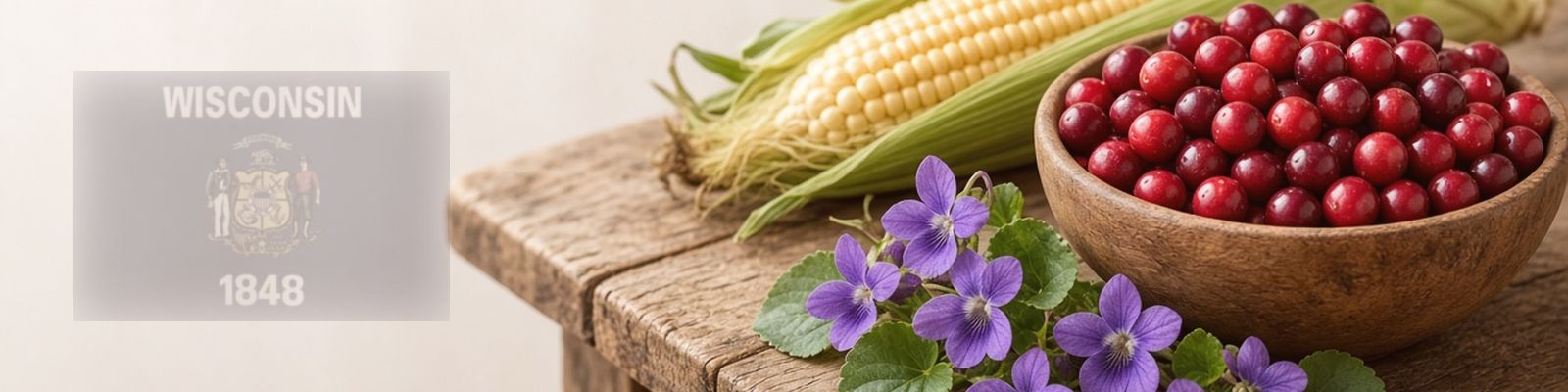 Faded Wisconsin flag beside cranberries and sweet corn on a farm stand with wood violets, the state flower.