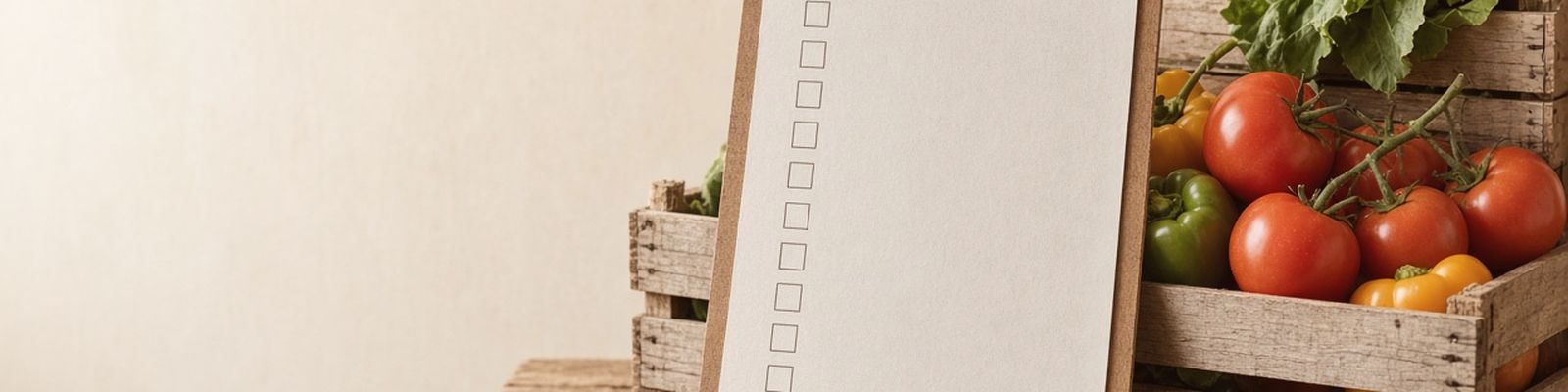 A clipboard with a blank checklist leaning on crates of tomatoes, peppers and greens.