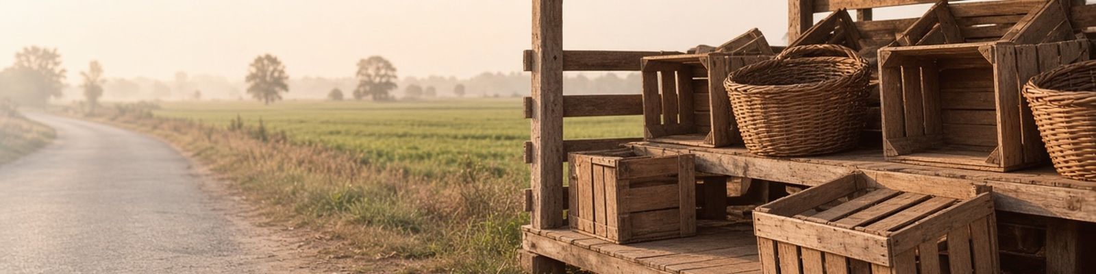 An empty roadside farm stand with wooden crates and baskets waiting to be filled.