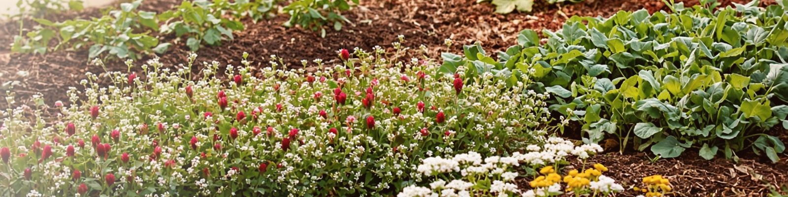 Mulched vegetable beds with a strip of flowering crimson clover and buckwheat between the rows.