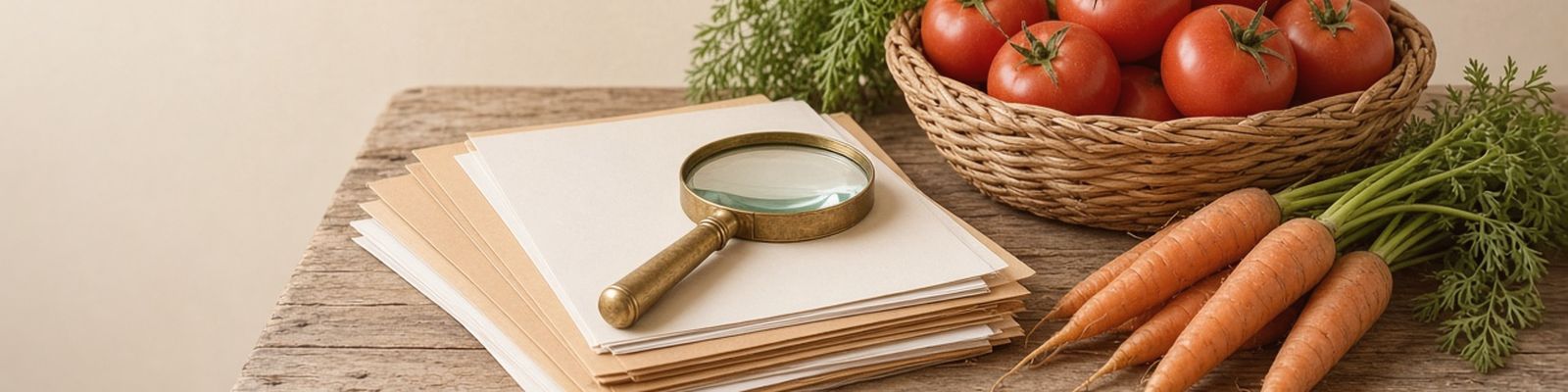 A magnifying glass on a stack of papers beside a basket of tomatoes and fresh carrots.