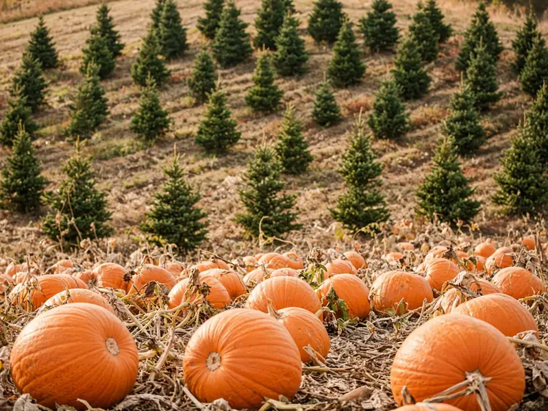 Pumpkins in an autumn field with rows of young Christmas trees on the hill behind